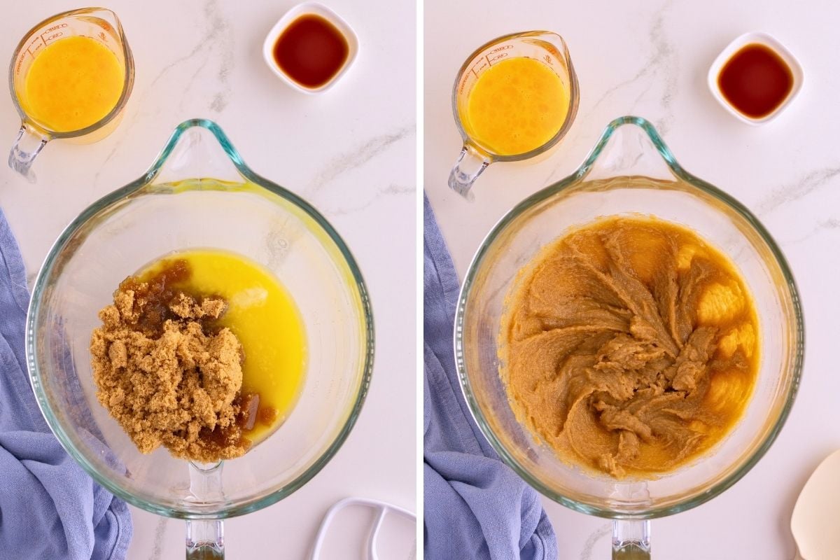 Brown sugar and melted butter in a glass bowl before and after being creamed together into a smooth mixture.