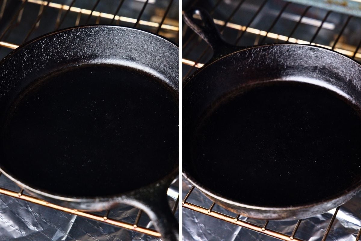 skillet before and after curing in oven.