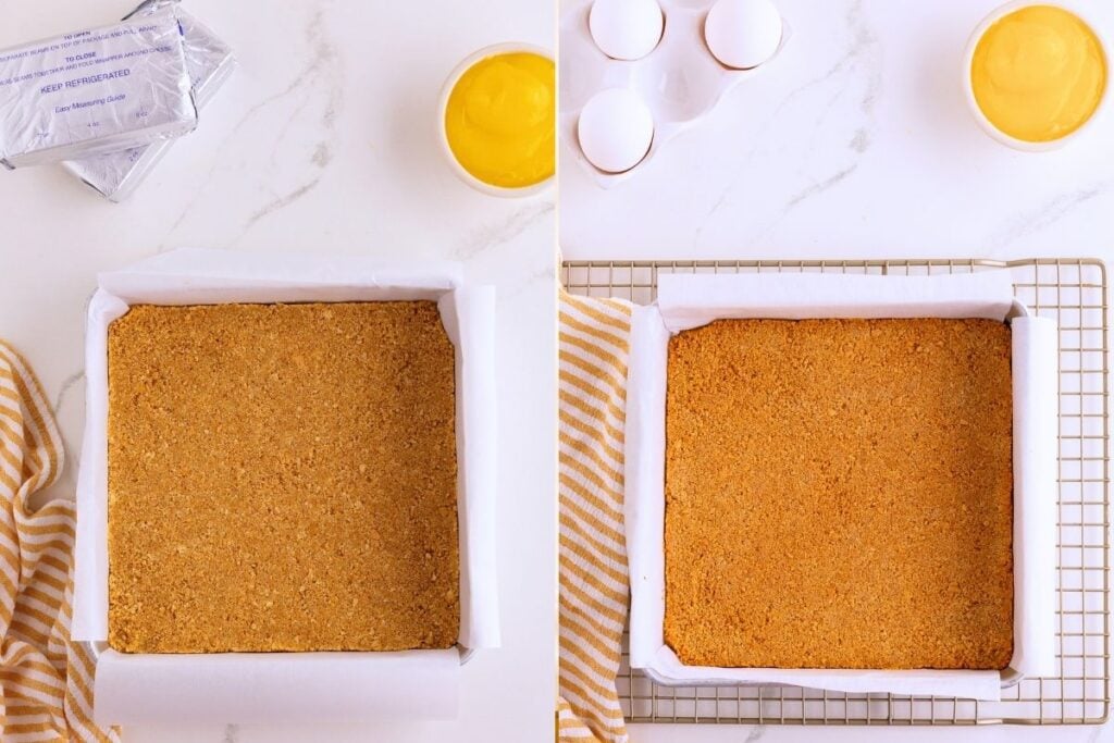 Graham cracker crust pressed into a parchment-lined square pan, shown before and after par-baking on a wire rack.