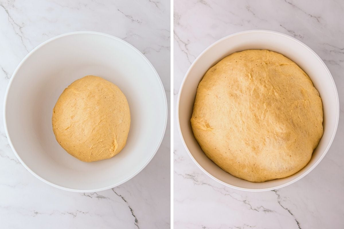 Side-by-side comparison of yellow dough in a white bowl before and after rising on marble.