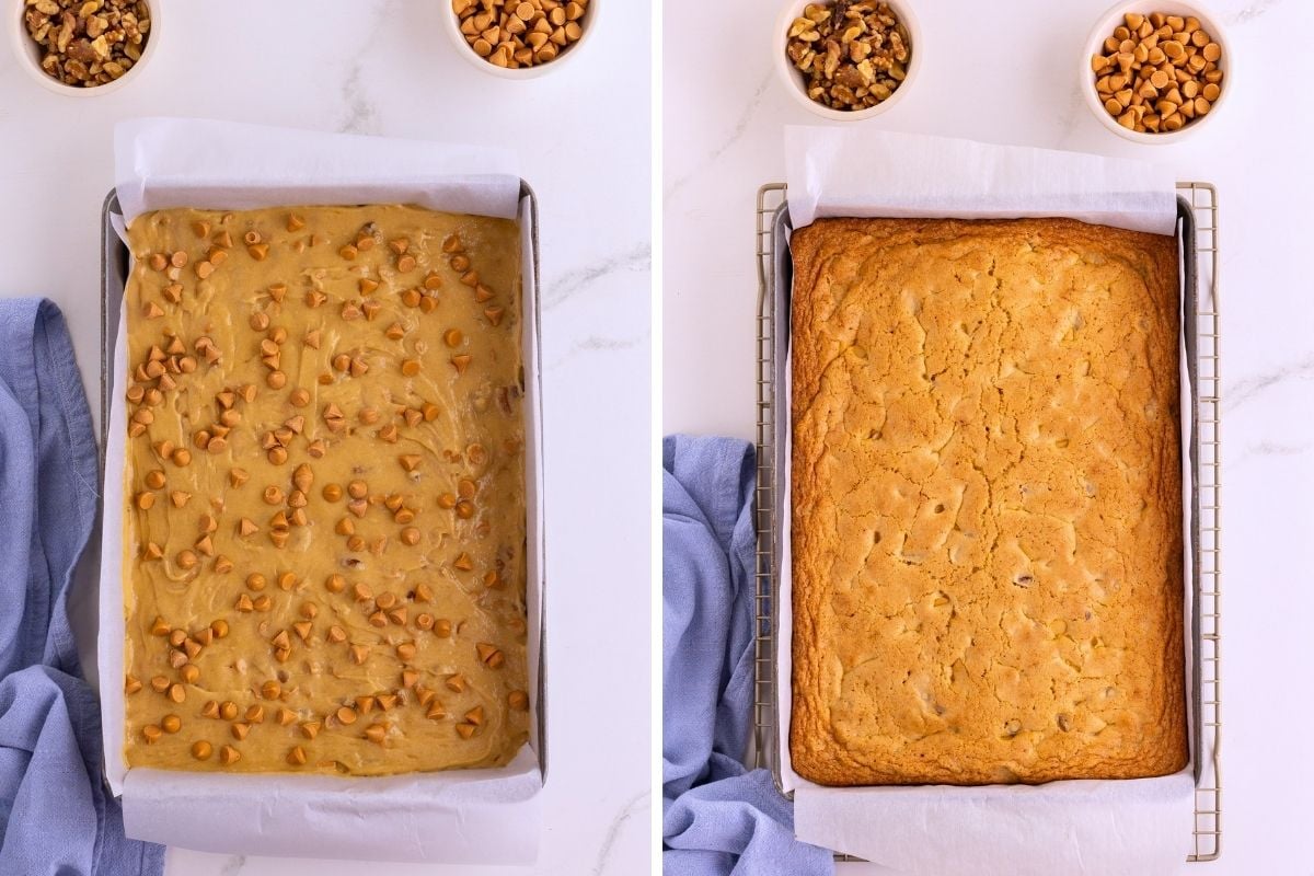 Side-by-side comparison of butterscotch bar batter in a pan before and after baking to golden brown.