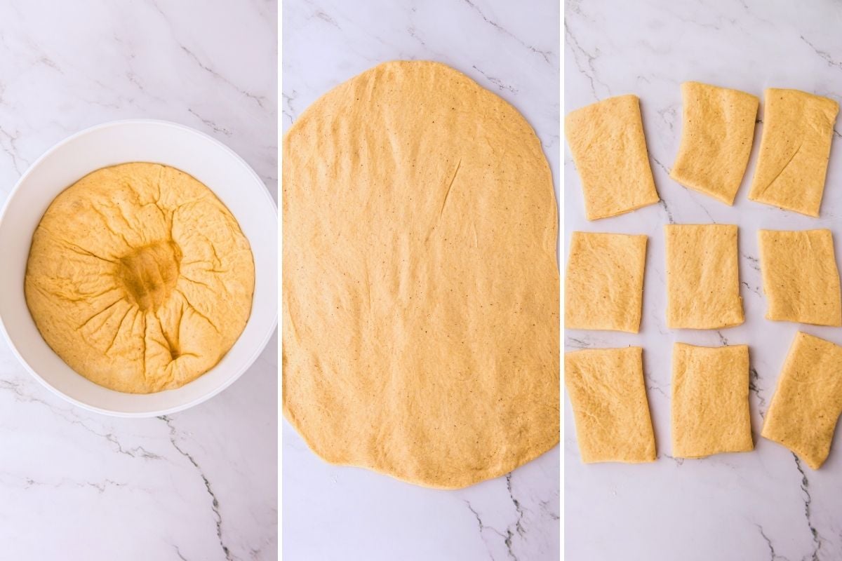 Risen golden dough in a white bowl, rolled into an oval, then cut into nine rectangles on marble.