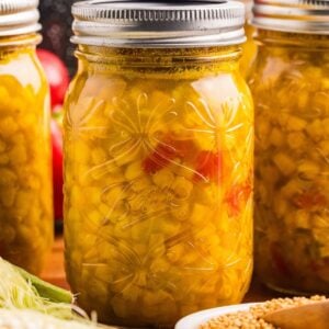 maosn jar of home canned corn relish.