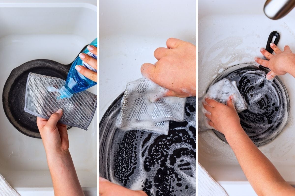 Three-panel sequence showing blue dish soap applied to a chainmail scrubber and worked into a sudsy cast iron skillet.