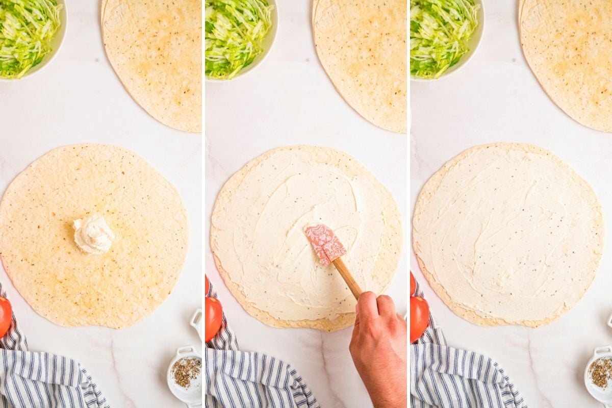 Three-panel sequence showing cream cheese being dolloped and spread across a tortilla with a pink spatula.
