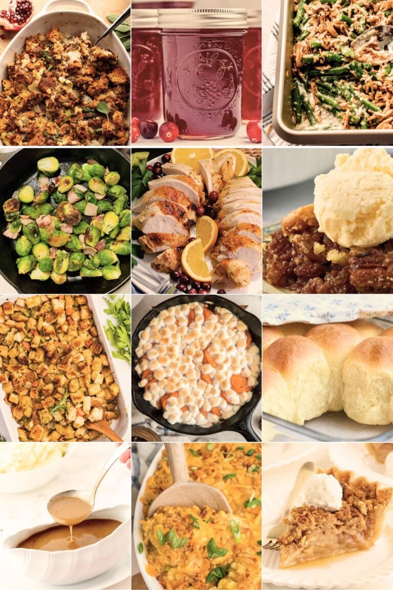 grid of traditional thanksgiving dishes