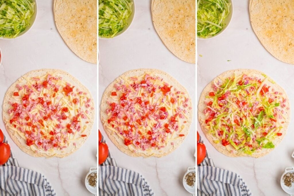 three image sequence of tortillas being topped with tomato, red onion, and lettuce