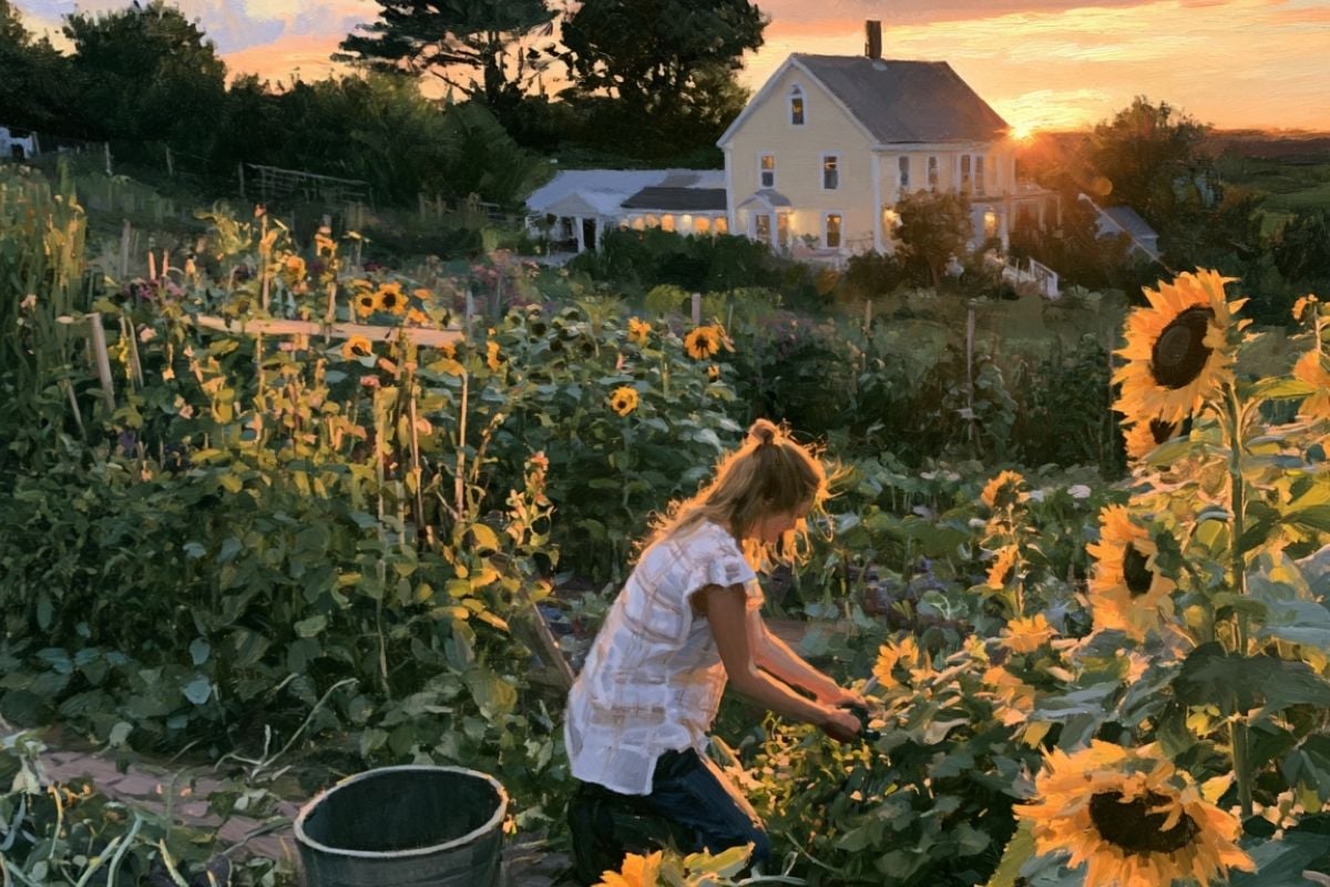 Women gathering sunflowers in twilight