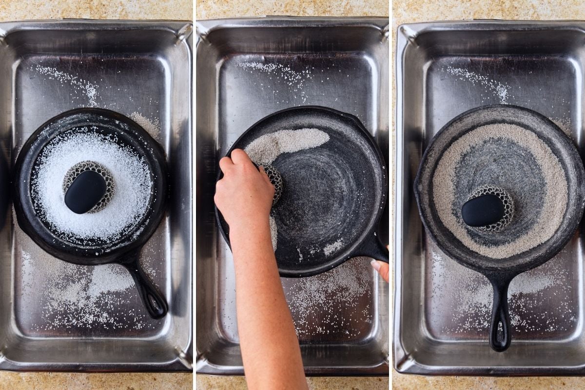 Three-step sequence of a cast iron skillet being scrubbed with coarse salt and a sponge in a stainless sink.