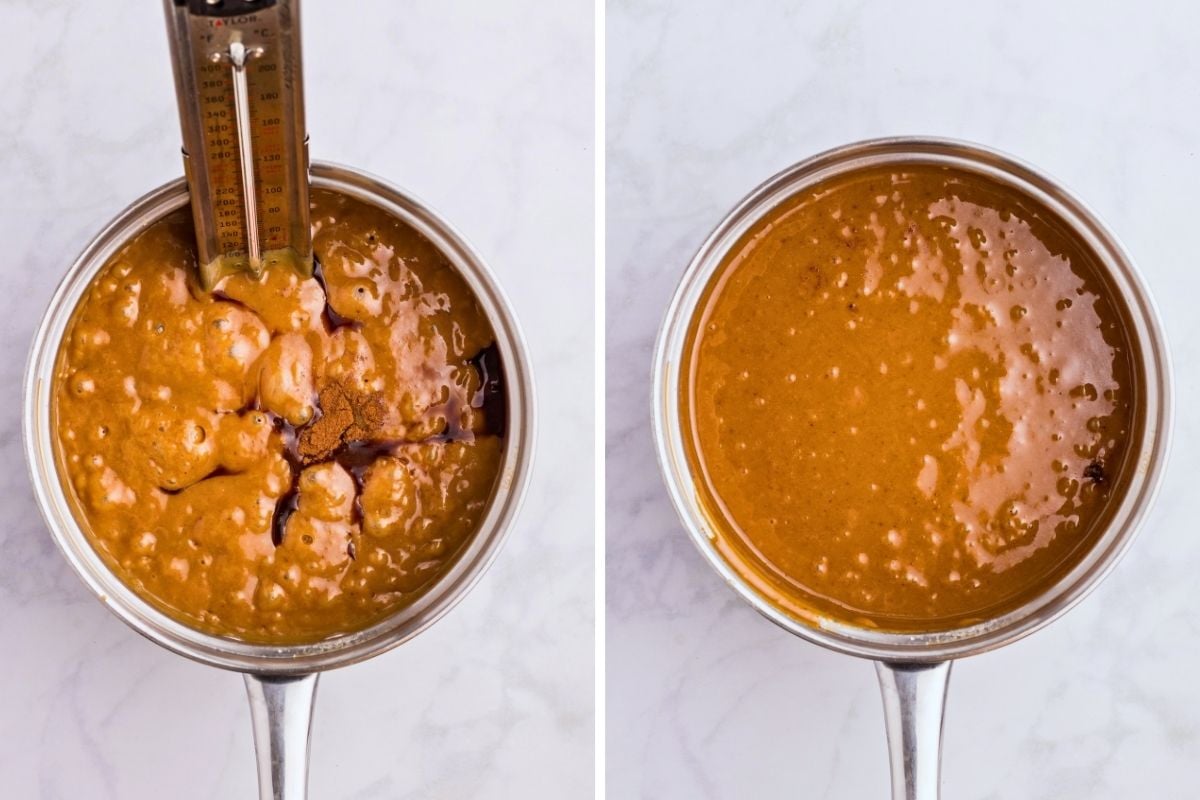 Candy thermometer in a saucepan of bubbling caramel with vanilla and cinnamon added, then stirred smooth.