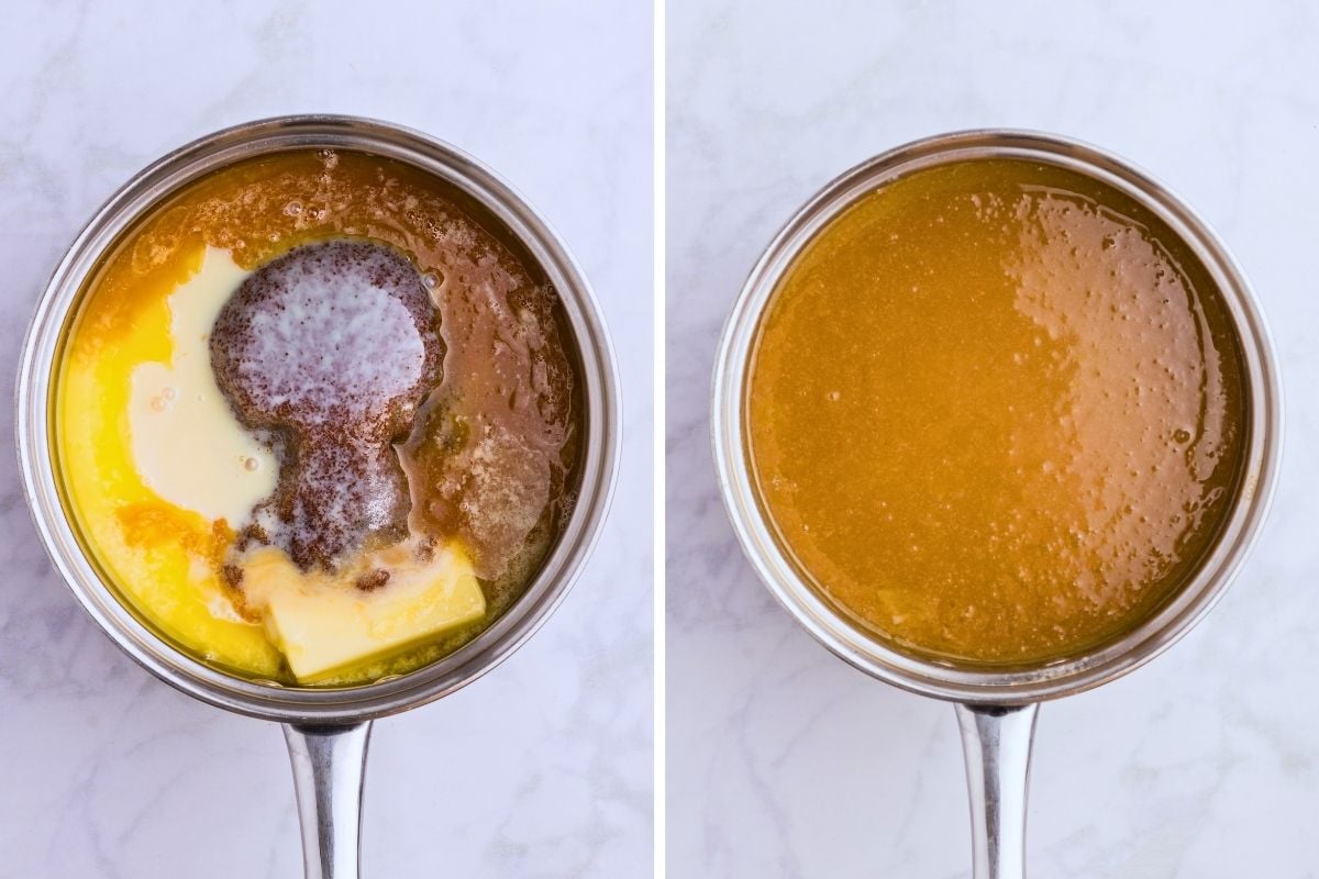 Butter, cream, brown sugar, and apple cider combined in a saucepan, then melted into a smooth amber mixture.