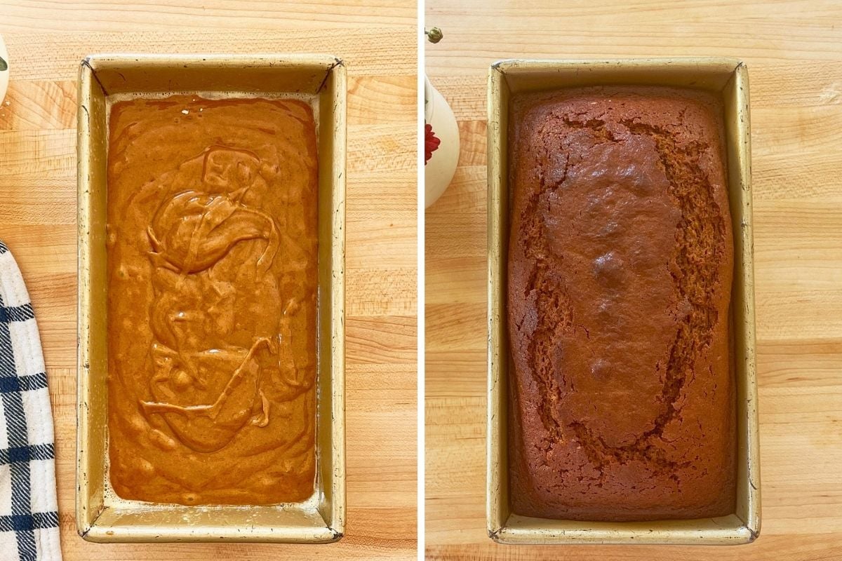 Side-by-side loaf pans showing raw gingerbread batter on the left and baked risen loaf on the right.