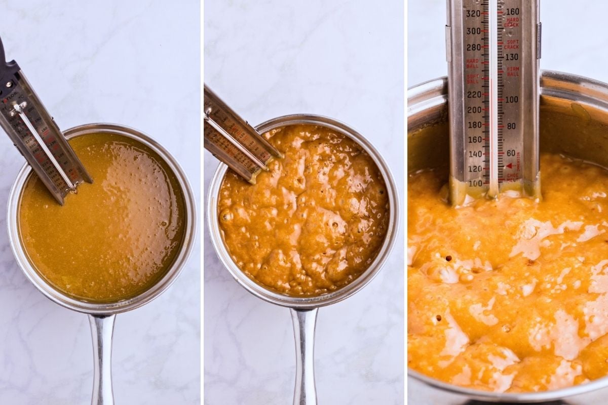 Three-panel sequence of amber caramel bubbling in a saucepan with a candy thermometer reaching soft ball stage.