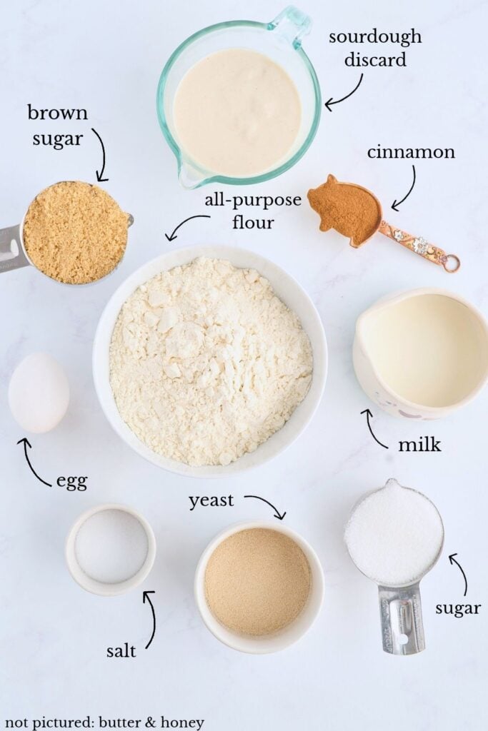 ingredients for sticky buns on a marble countertop