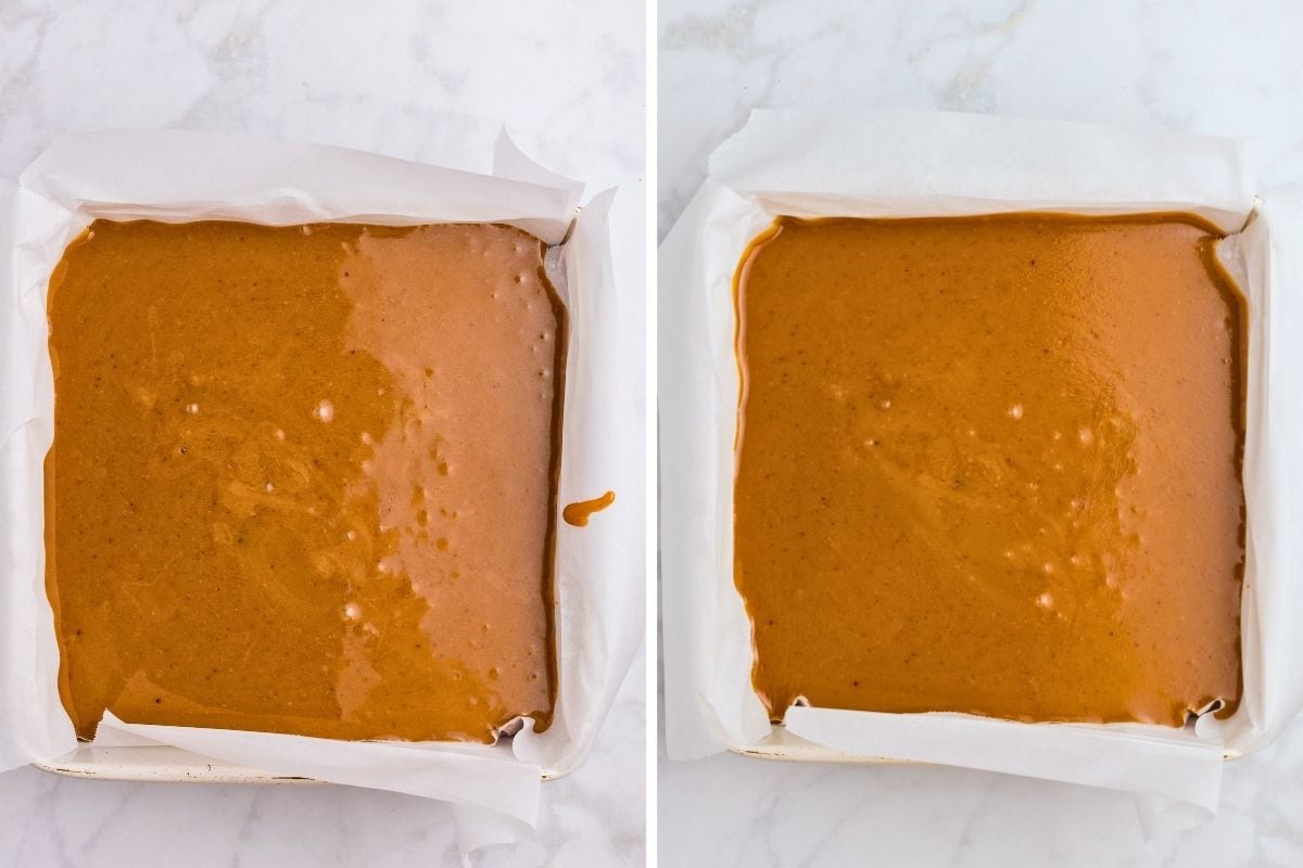 Smooth caramel setting and cooling in a parchment-lined square pan on marble.