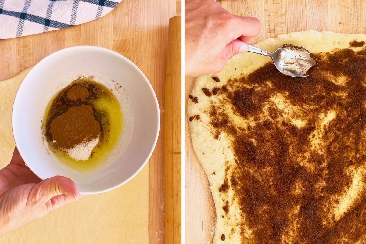 Bowl of melted butter with cinnamon and sugar beside rolled dough being spread with cinnamon filling.