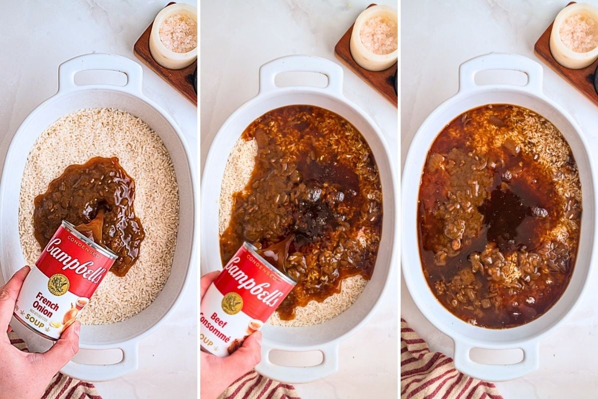 Campbell's French onion and beef consommé soups being poured over raw rice in a white oval baking dish.