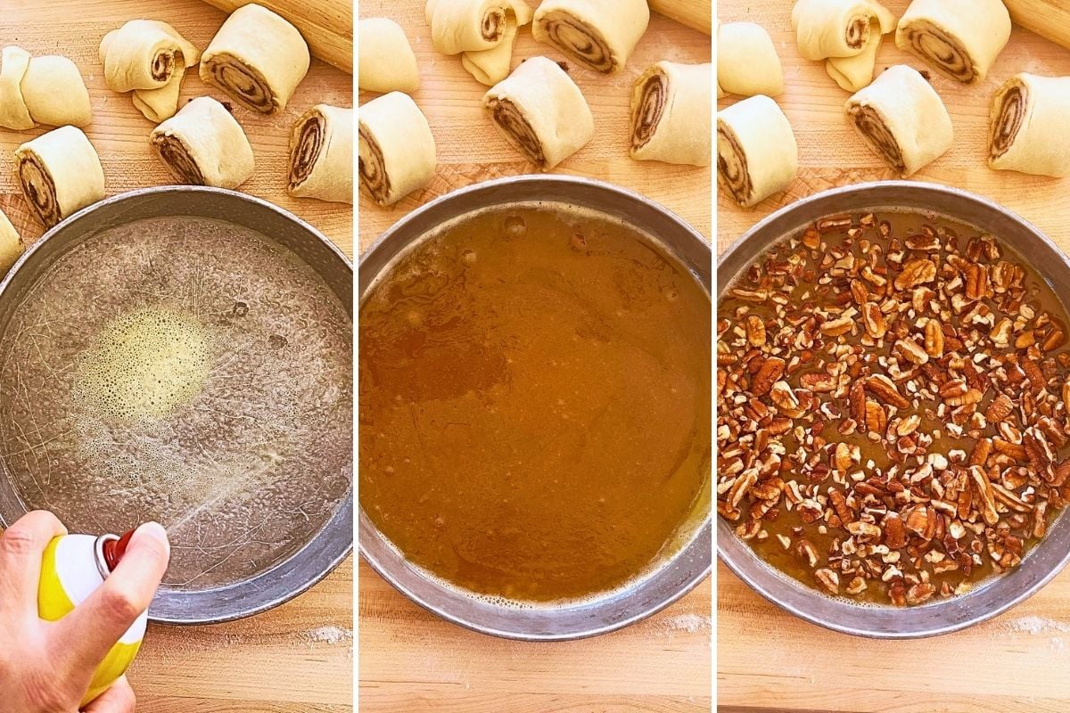 Three-step collage showing a round pan being greased, filled with caramel sauce, then topped with chopped pecans.