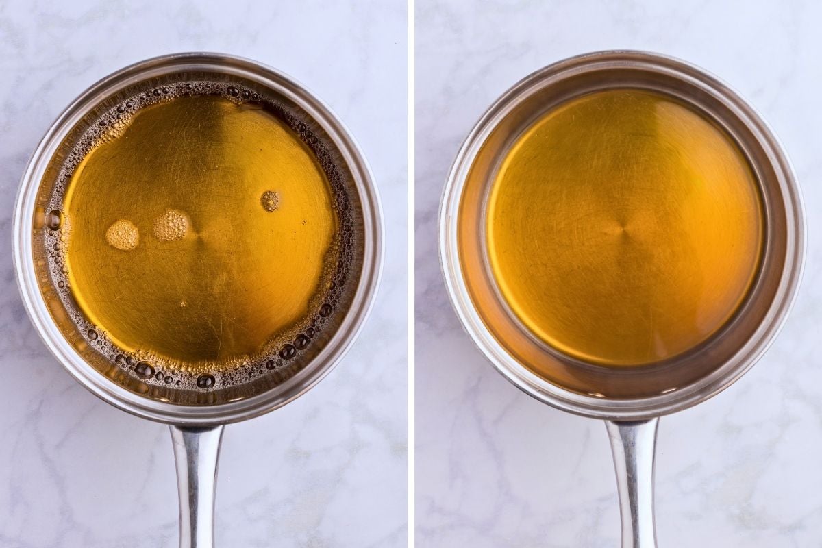 Two side-by-side saucepans showing apple cider reducing from bubbly amber liquid to a smoother darker syrup.