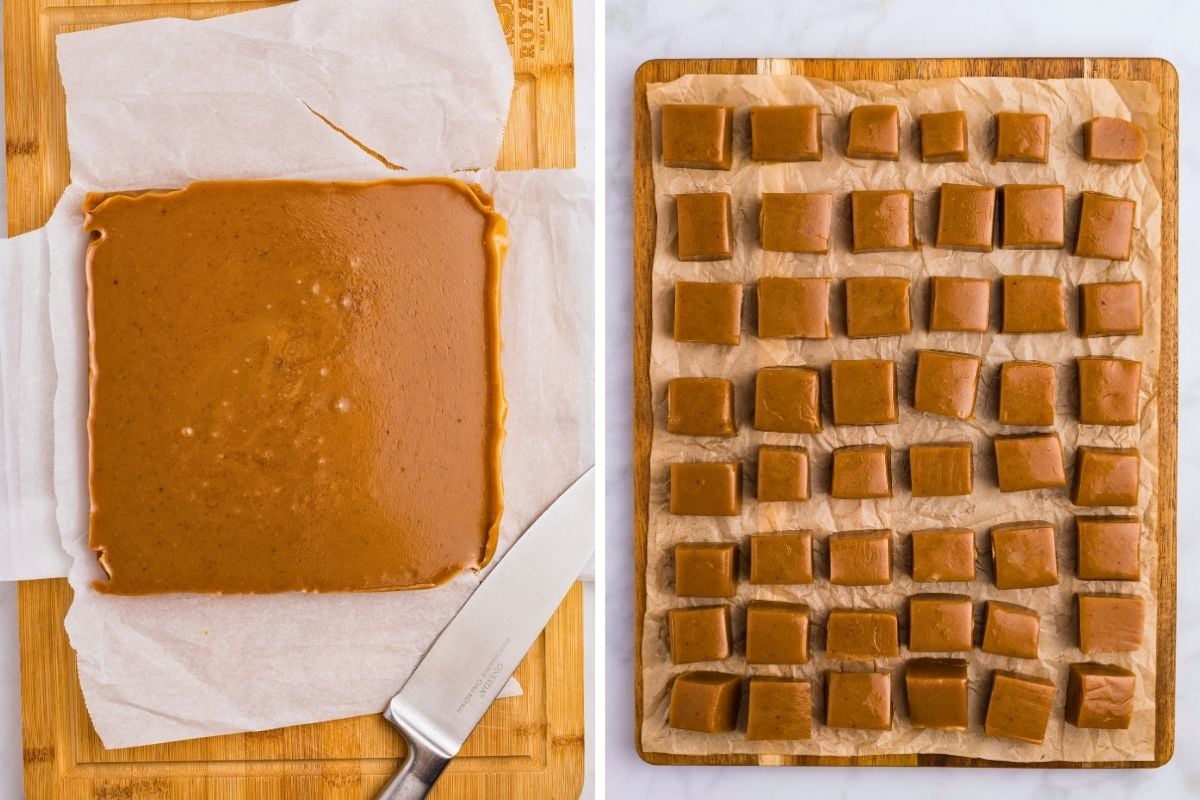 Set caramel slab on parchment beside a knife, then cut into neat square pieces on a board.