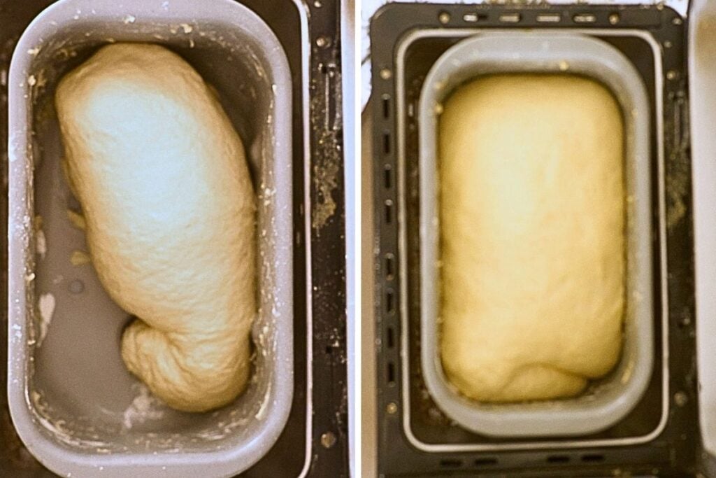 Side-by-side comparison of sticky bun dough before and after rising inside a bread machine pan.