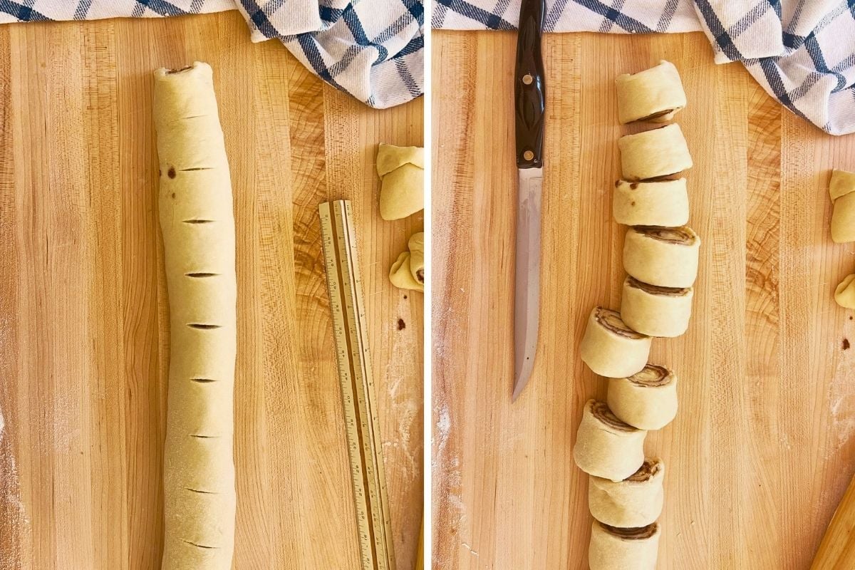 Rolled sourdough dough log being measured with a ruler then sliced into individual buns with a knife.