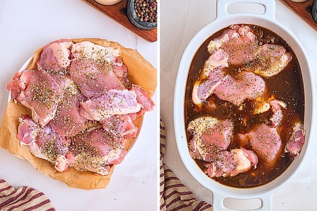 Seasoned raw chicken thighs on parchment beside the same thighs arranged in a white baking dish with marinade.