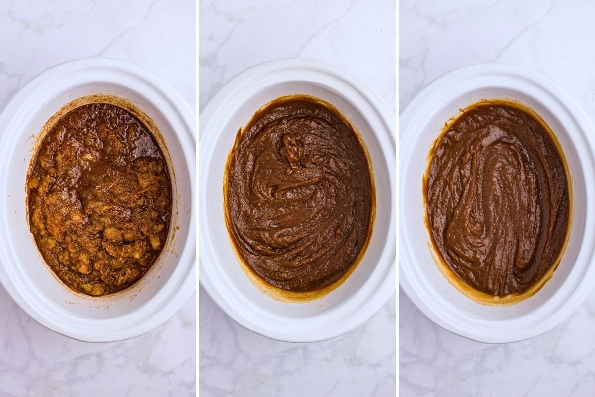 Three-stage progression of pumpkin butter cooking in a white slow cooker, thickening and darkening on low heat.