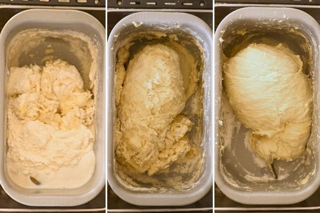 Three-panel progression of sticky bun dough mixing and rising inside a bread machine pan.