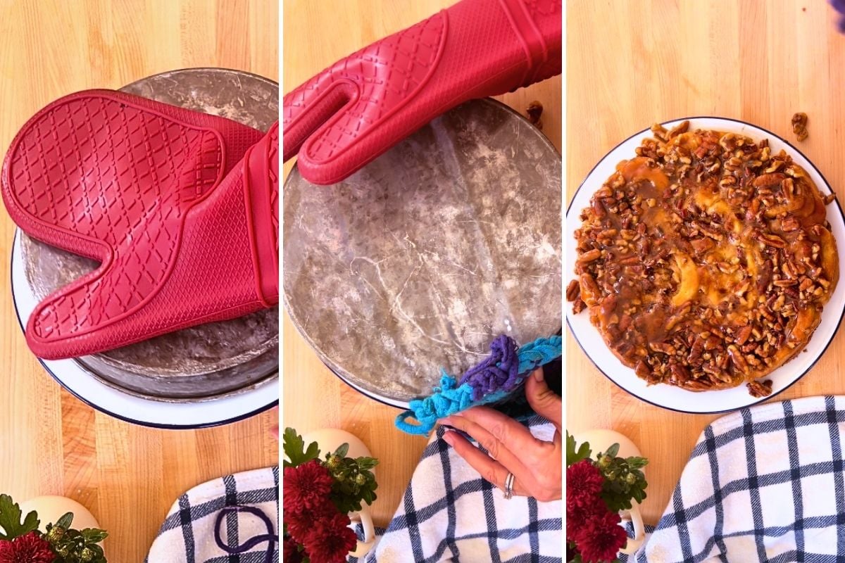Red oven mitt pressing on cake pan, then inverted to reveal pecan-topped sticky buns on a plate.