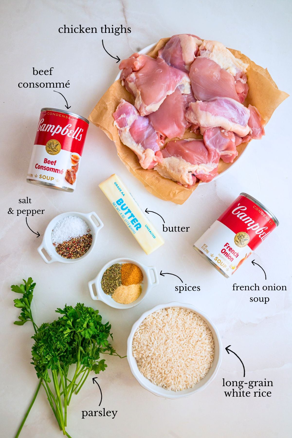 Labeled ingredients for chicken and rice bake including raw chicken thighs, canned soups, butter, rice, parsley, and spices.